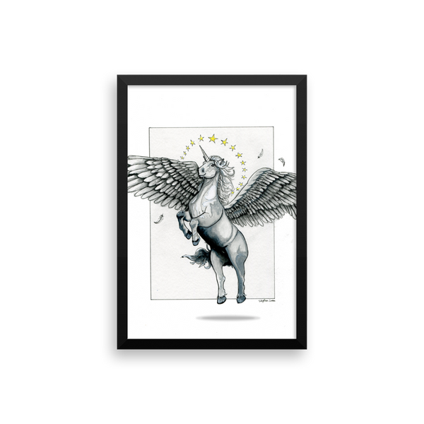 Magical Flying, Star Haloed, Silver Alicorn Fine Art Print: Framed photo paper poster