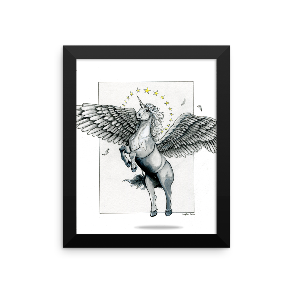 Magical Flying, Star Haloed, Silver Alicorn Fine Art Print: Framed photo paper poster