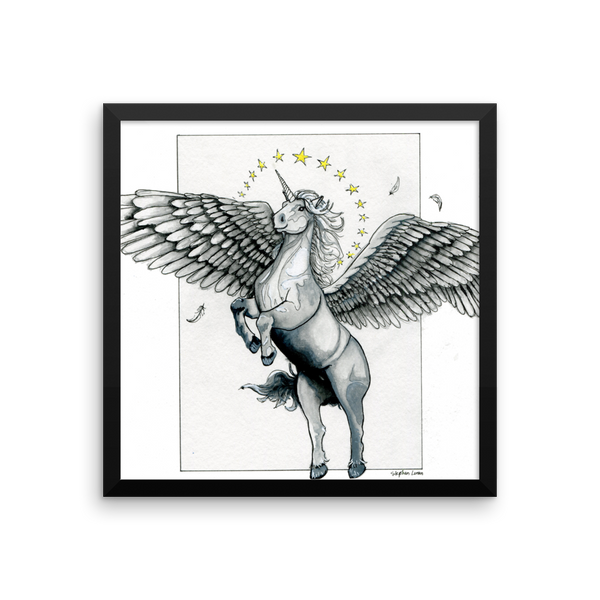 Magical Flying, Star Haloed, Silver Alicorn Fine Art Print: Framed photo paper poster