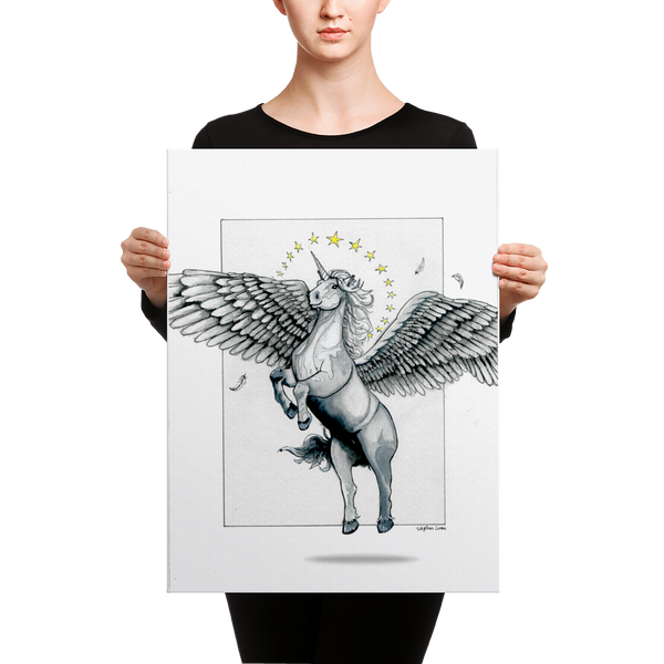 Fine Art Canvas Reproduction: Magical Flying, Star Haloed, Silver Alicorn