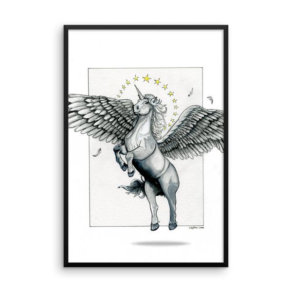 Magical Flying, Star Haloed, Silver Alicorn Fine Art Print: Framed photo paper poster