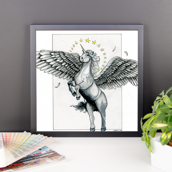 Magical Flying, Star Haloed, Silver Alicorn Fine Art Print: Framed photo paper poster