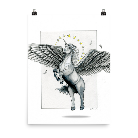 Magical Flying, Star Haloed, Silver Alicorn Fine Art Print: Photo paper poster