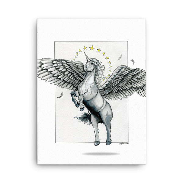 Fine Art Canvas Reproduction: Magical Flying, Star Haloed, Silver Alicorn