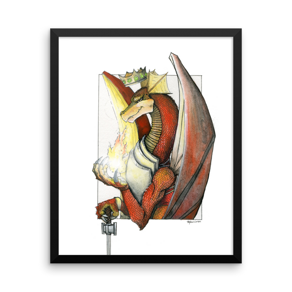 Kingly Might, Magical Flight, Royal Knight, Red Dragon Fine Art Print: Framed photo paper poster