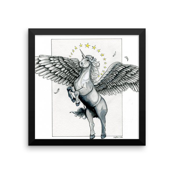 Magical Flying, Star Haloed, Silver Alicorn Fine Art Print: Framed photo paper poster