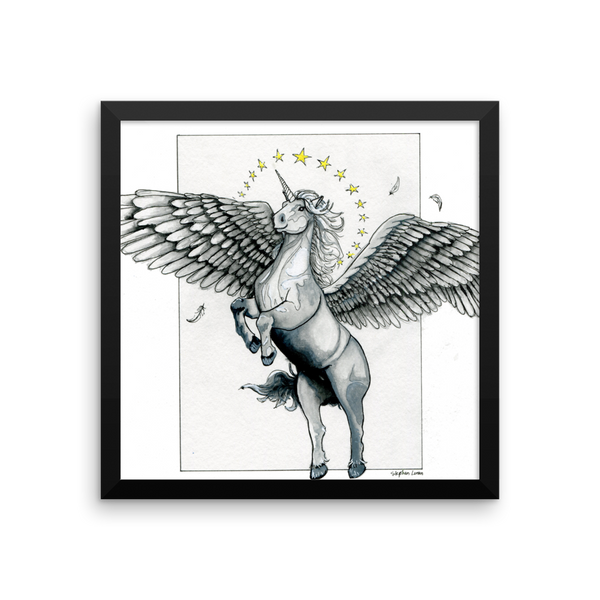 Magical Flying, Star Haloed, Silver Alicorn Fine Art Print: Framed photo paper poster