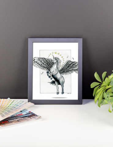 Magical Flying, Star Haloed, Silver Alicorn Fine Art Print: Framed photo paper poster