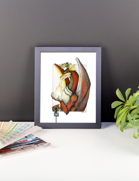 Kingly Might, Magical Flight, Royal Knight, Red Dragon Fine Art Print: Framed photo paper poster