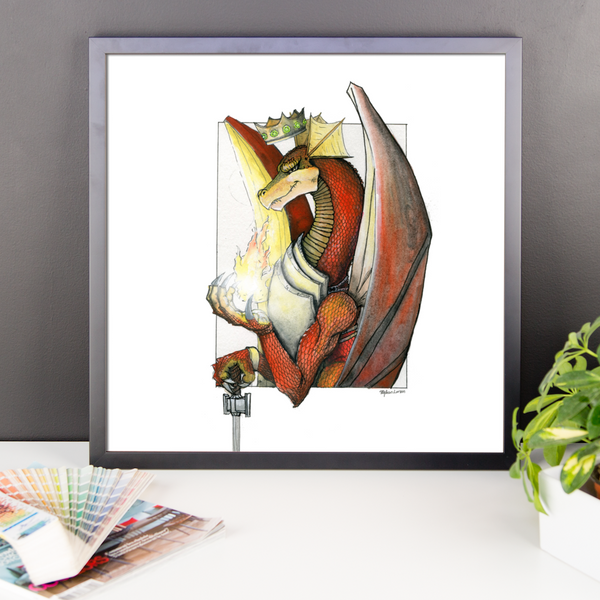 Kingly Might, Magical Flight, Royal Knight, Red Dragon Fine Art Print: Framed photo paper poster