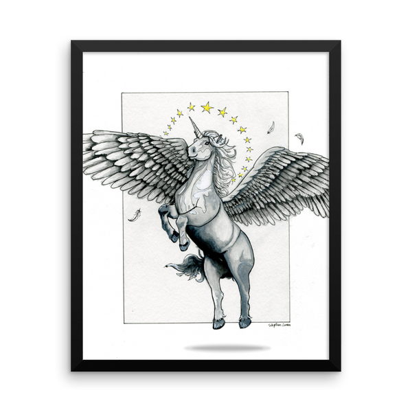 Magical Flying, Star Haloed, Silver Alicorn Fine Art Print: Framed photo paper poster