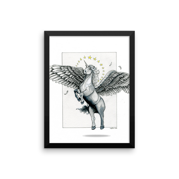 Magical Flying, Star Haloed, Silver Alicorn Fine Art Print: Framed photo paper poster