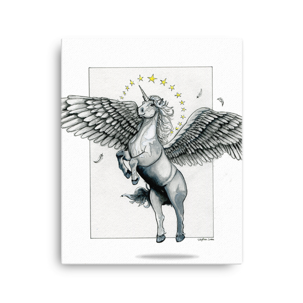 Fine Art Canvas Reproduction: Magical Flying, Star Haloed, Silver Alicorn