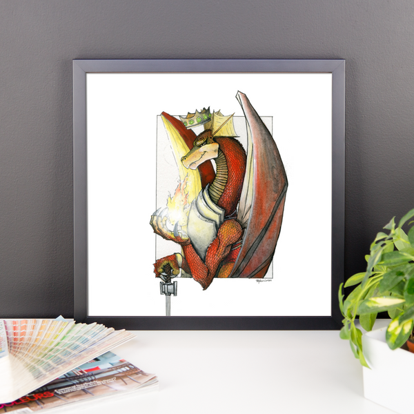 Kingly Might, Magical Flight, Royal Knight, Red Dragon Fine Art Print: Framed photo paper poster