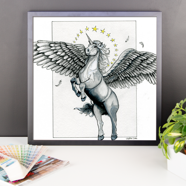 Magical Flying, Star Haloed, Silver Alicorn Fine Art Print: Framed photo paper poster