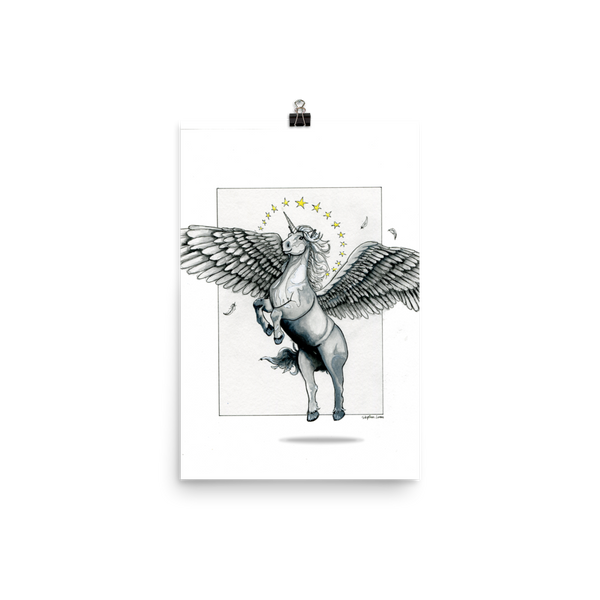 Magical Flying, Star Haloed, Silver Alicorn Fine Art Print: Photo paper poster