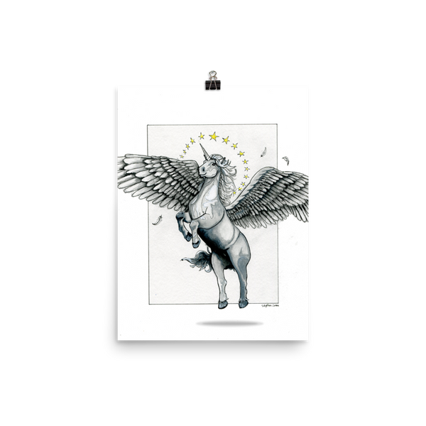 Magical Flying, Star Haloed, Silver Alicorn Fine Art Print: Photo paper poster